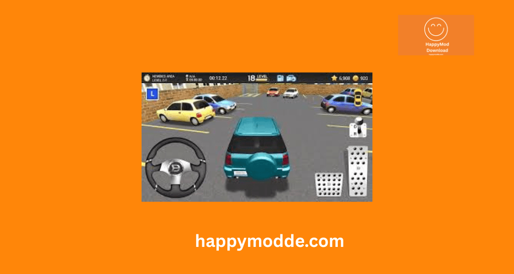 Car Parking Mod Menu APK gameplay showing realistic driving and parking simulation with unlocked cars, unlimited coins, money, free fuel, and no ads