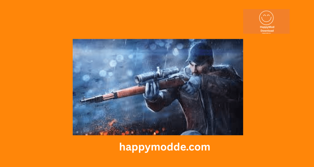 Sniper 3D APK shooting games showing a sniper assassin aiming through a rifle scope, featuring 200+ weapons, unlimited diamonds and coins, offline and online missions across 21 cities.