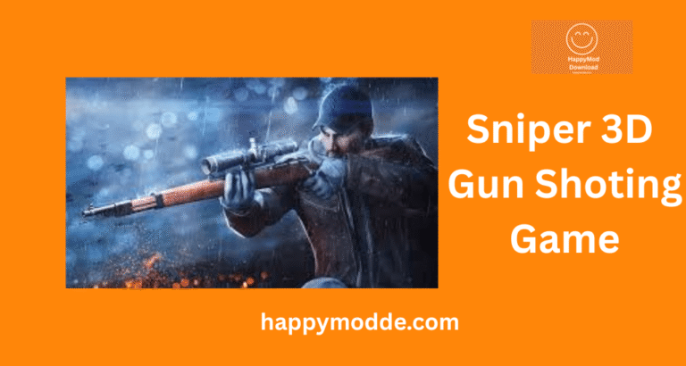 Sniper 3D APK shooting games showing a sniper assassin aiming through a rifle scope, featuring 200+ weapons, unlimited diamonds and coins, offline and online missions across 21 cities.